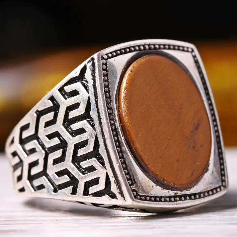 Original Handmade 925 Sterling Silver Tigers Eye Stone Mens Ring