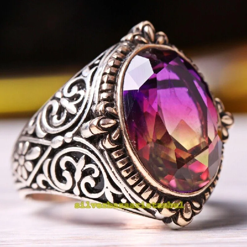 Original Multi Color Tourmaline Stone 925 Sterling Silver Mens Ring