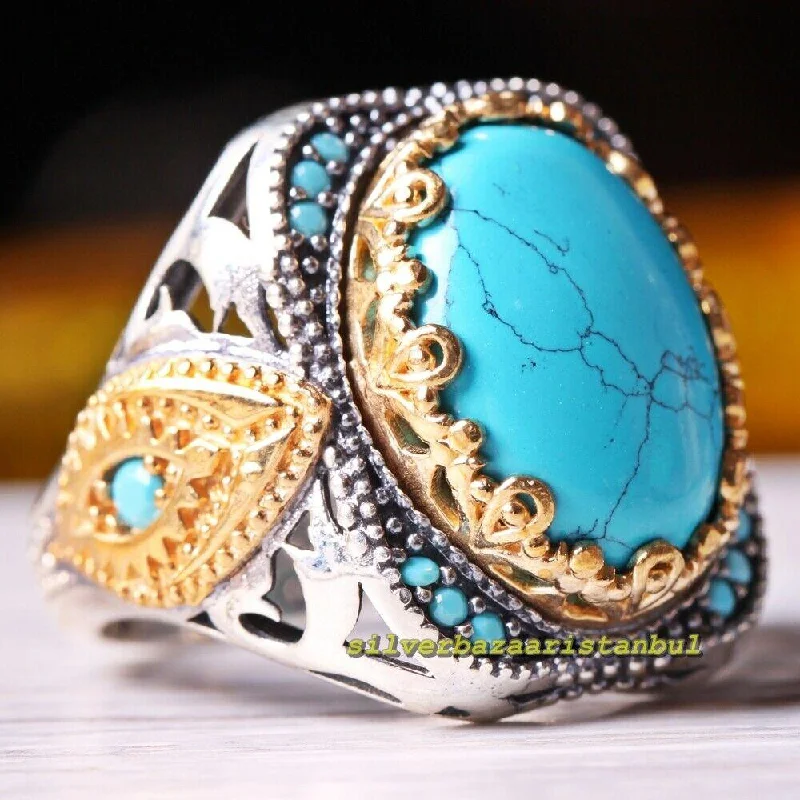 Original Oval Turquoise Stone 925 Sterling Silver Mens Ring