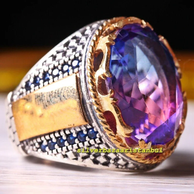 Original Tourmaline and Sapphire Stone 925 Sterling Silver Mens Ring