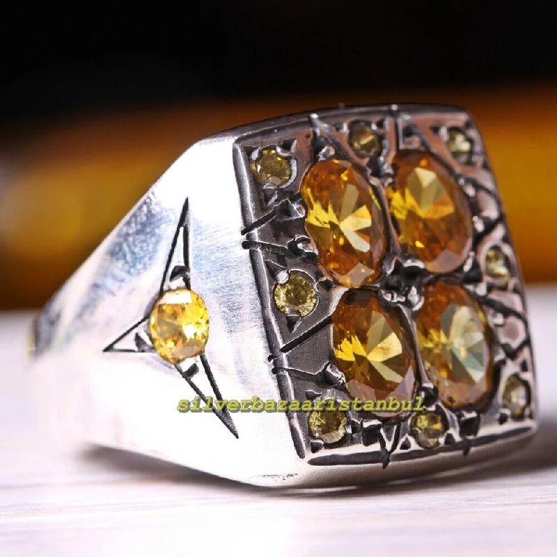 Original Yellow Citrine Stone Handmade 925 Sterling Silver Mens Ring