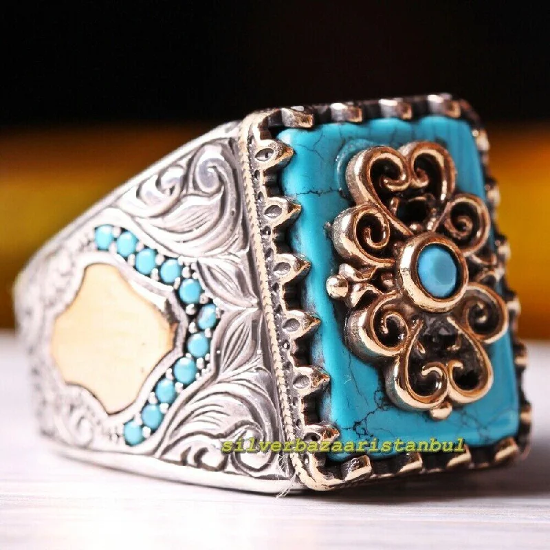 Ottoman Turquoise Stone New 925 Sterling Silver Mens Ring