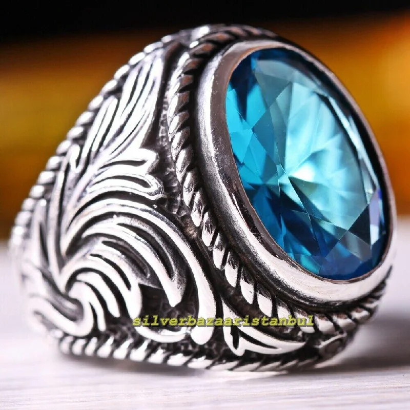 Oval Popular Blue Aquamarine Stone 925 Sterling Silver Mens Ring