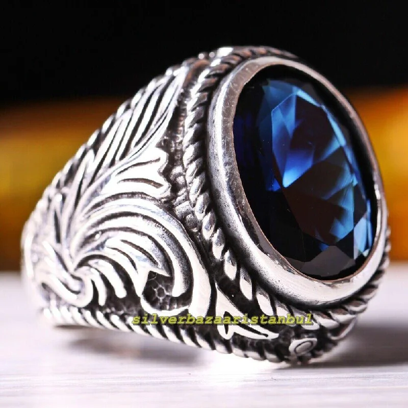 Oval Popular Blue Sapphire Stone 925 Sterling Silver Mens Ring