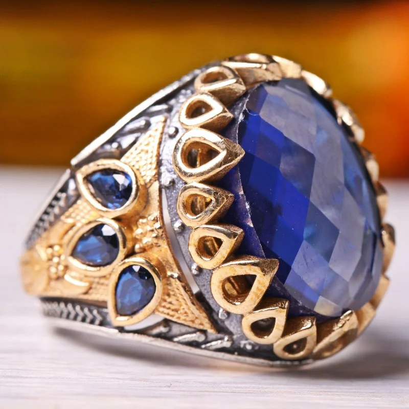 Oval Sapphire Turkish Jewelry Handmade 925 Sterling Silver Mens Ring