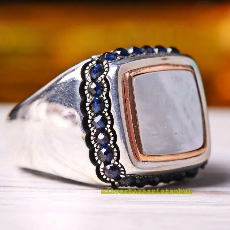 Pearl Stone Turkish Handmade 925 Sterling Silver Lux Style Mens Ring