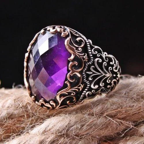 Purple Amethyst Stone Handsome Turkish 925 Sterling Silver Mens Ring