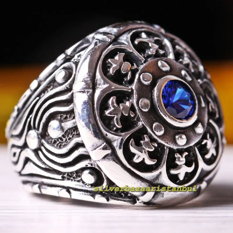 Round Blue Sapphire Stone Handmade 925 Sterling Silver Mens Ring