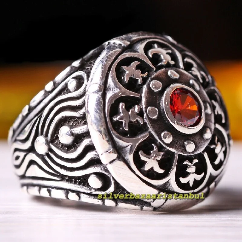 Round Red Ruby Stone Handmade 925 Sterling Silver Mens Ring