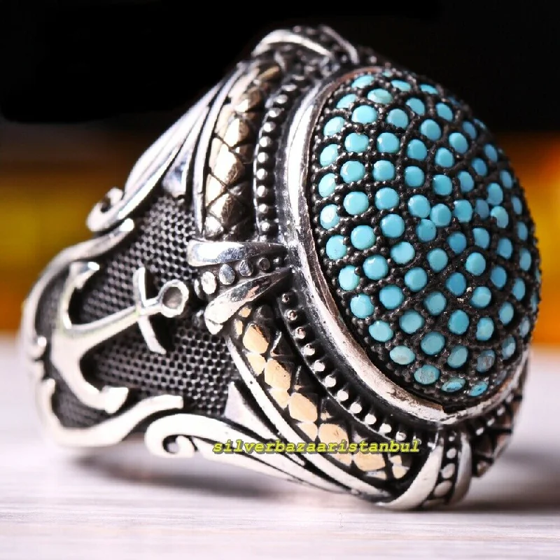 Sailor Anchor Design 925 Sterling Silver Turquoise Stone Mens Ring