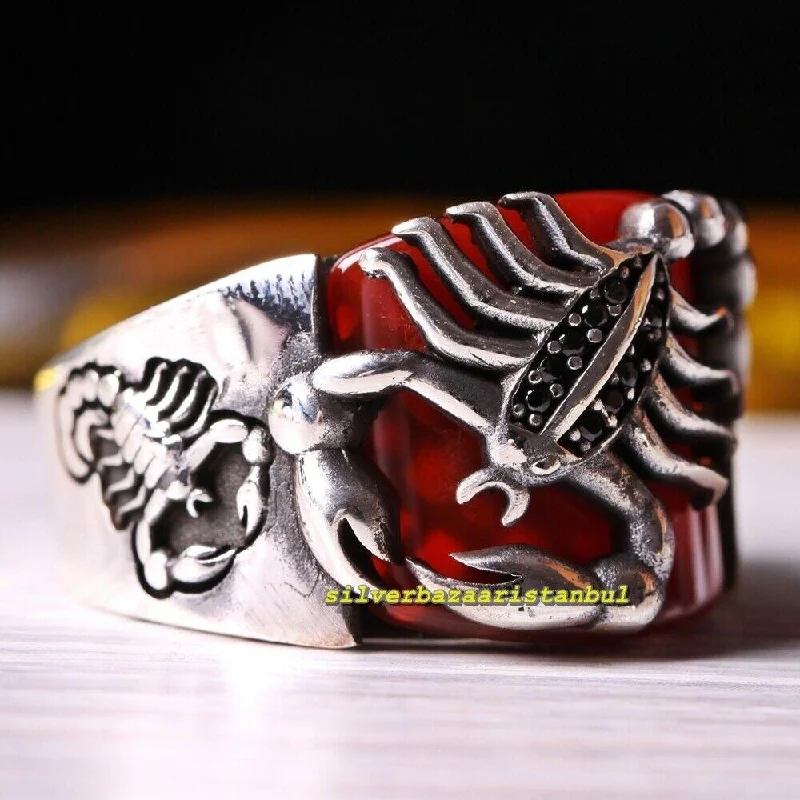 Scorpion Design 925 Sterling Silver Red Agate Aqeeq Stone Mens Ring