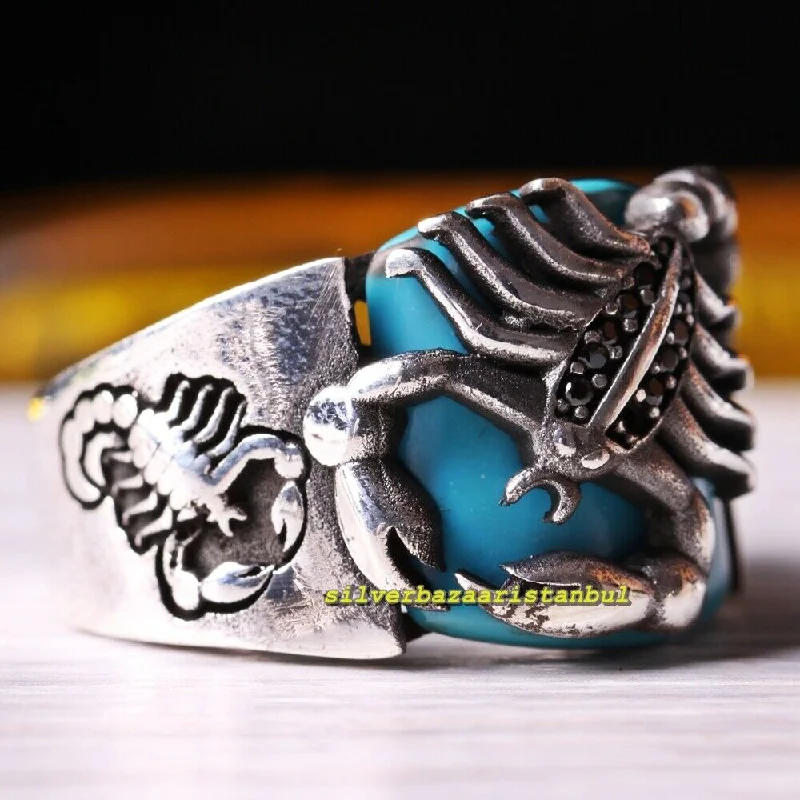 Scorpion Style 925 Sterling Silver Blue Turquoise Stone Mens Ring