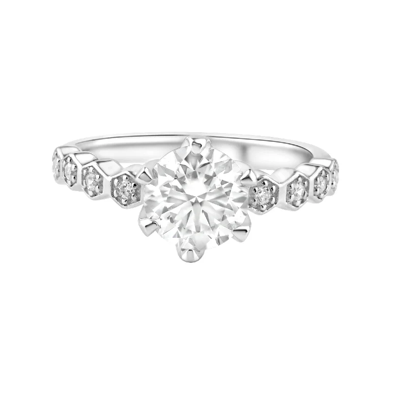 Rhodium Plated 925 Sterling Silver 1 Carat Round Moissanite and Clear CZ Ring - MBGR00005