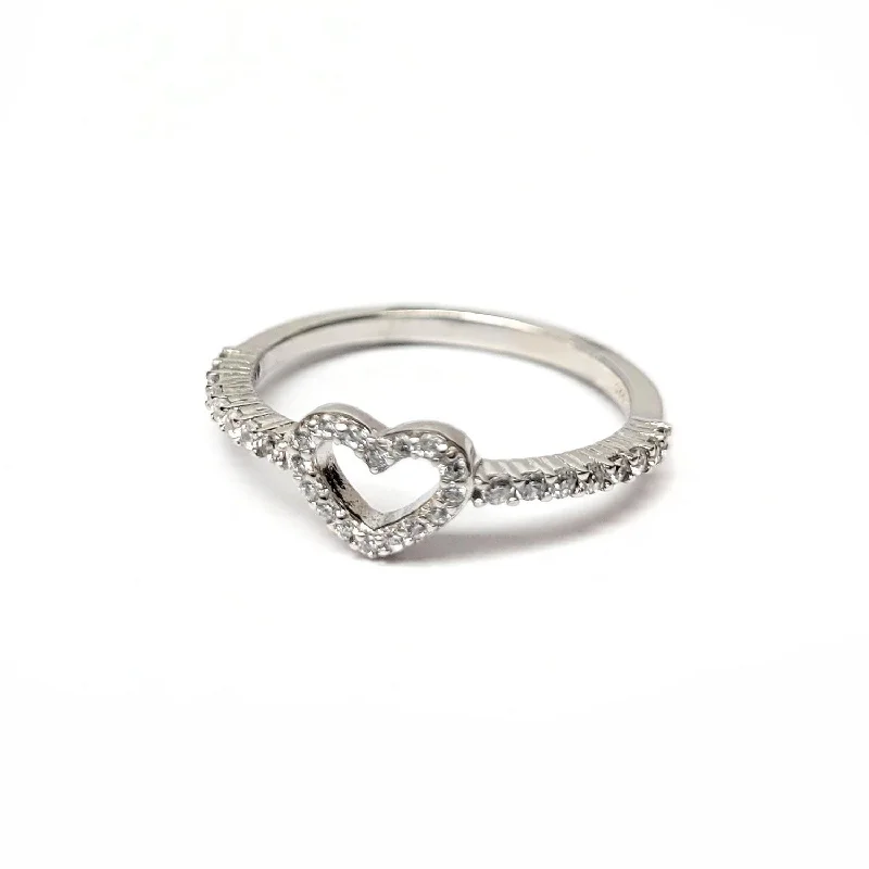 Rhodium Plated 925 Sterling Silver Heart Clear CZ Ring - STR01157