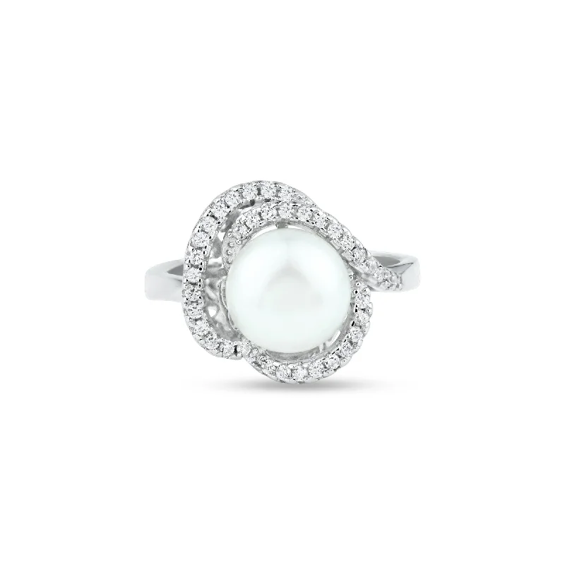 Rhodium Plated 925 Sterling Silver White Pearl and Clear CZ Ring - BGR01363