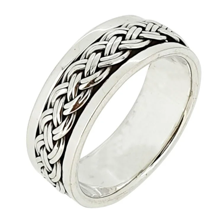 Men's 925 Sterling Silver 8.5mm Braided, Spinning Stress Relief Ring