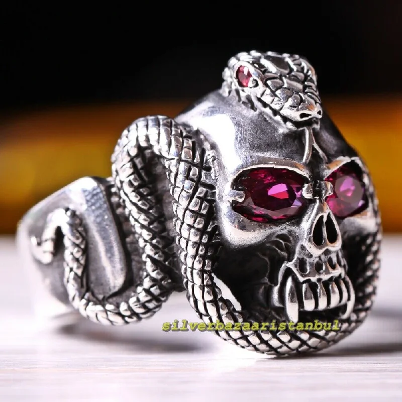 Skull and Snake Design Gothic Ruby 925 Sterling Silver Mens Ring