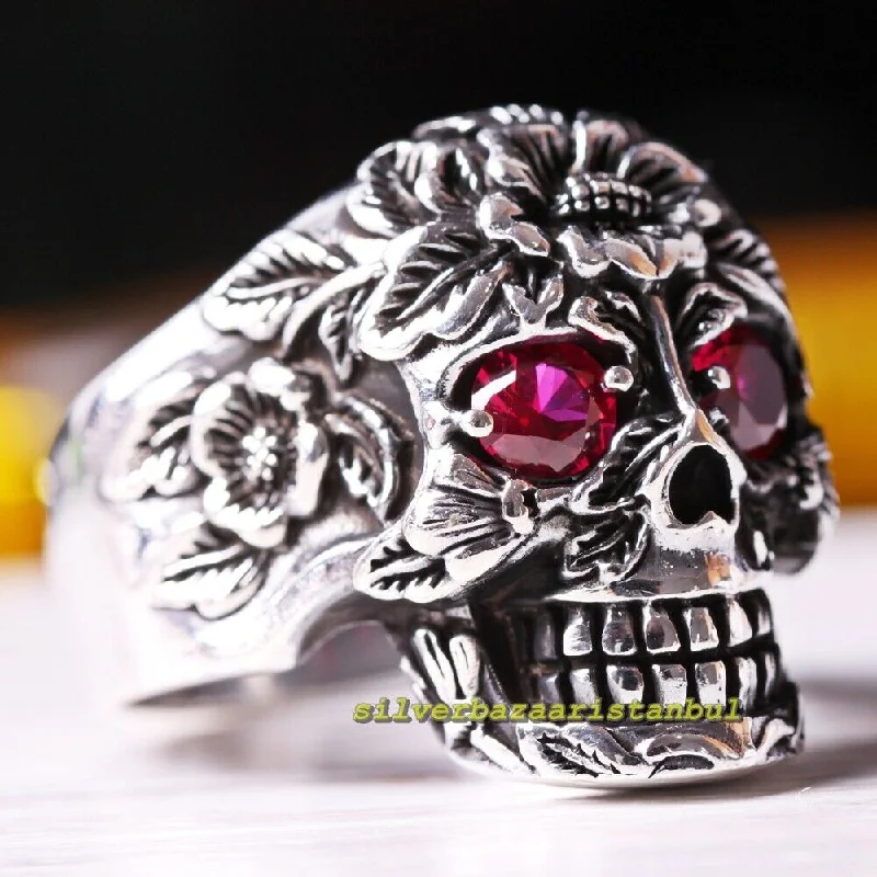 Skull Gothic Red Ruby Stone Handmade 925 Sterling Silver Mens Ring