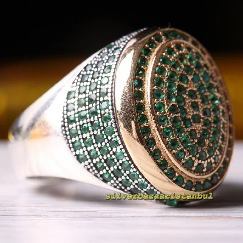 Small Micro Emerald Stones 925 Sterling Silver Mens Ring