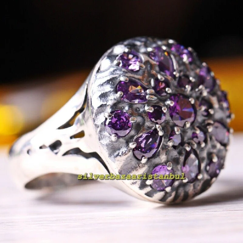 Small Round Purple Amethyst Stones 925 Sterling Silver Mens Ring