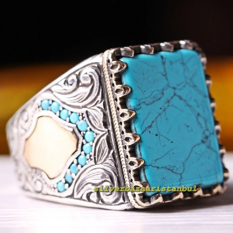 Smooth Turquoise Stone 925 Sterling Silver Mens Ring