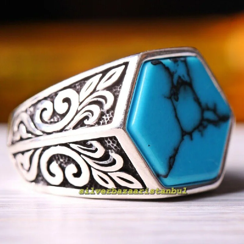 Special Hexagon Turquoise Stone 925 Sterling Silver Mens Ring