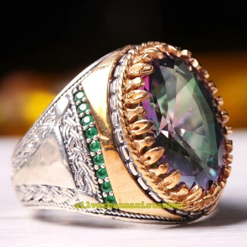 Tourmaline and Emerald Stone Turkish 925 Sterling Silver Mens Ring