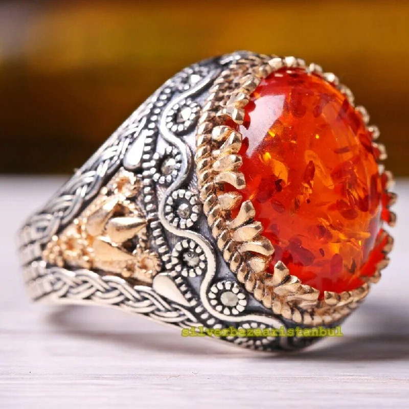 Turkish 925 Sterling Silver Amber and Marcasite Stone Mens Ring