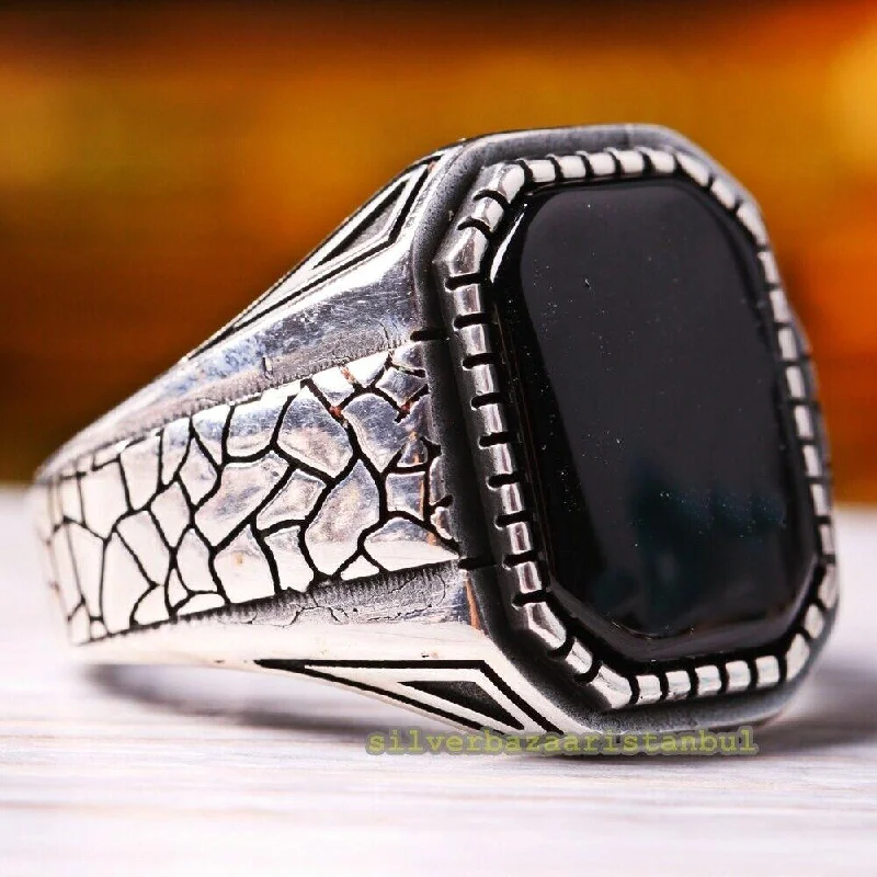 Turkish 925 Sterling Silver Attractive Black Onyx Stone Mens Ring