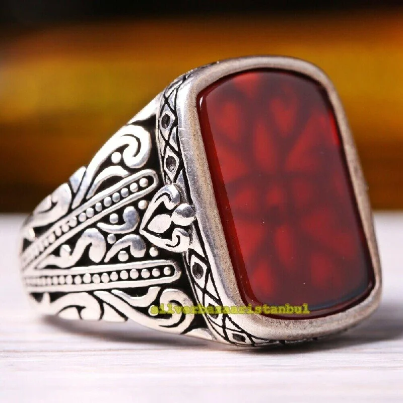 Turkish 925 Sterling Silver Authentic Agate Aqeeq Mens Ring