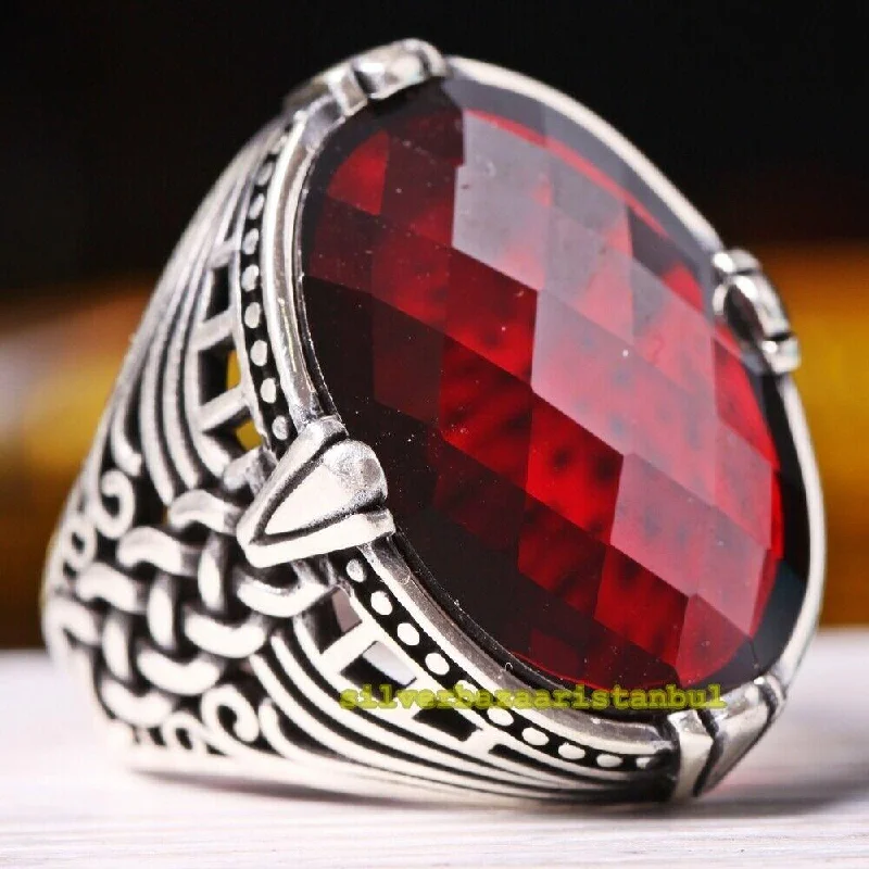 Turkish 925 Sterling Silver Big Red Ruby Stone Mens Ring