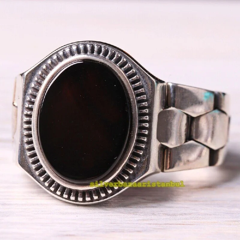 Turkish 925 Sterling Silver Clock Design Black Onyx Stone Mens Ring