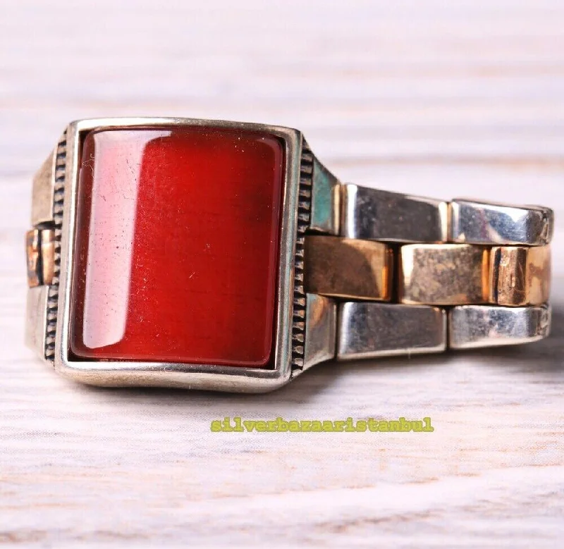 Turkish 925 Sterling Silver Clock Symbol Agate Aqeeq Stone Mens Ring