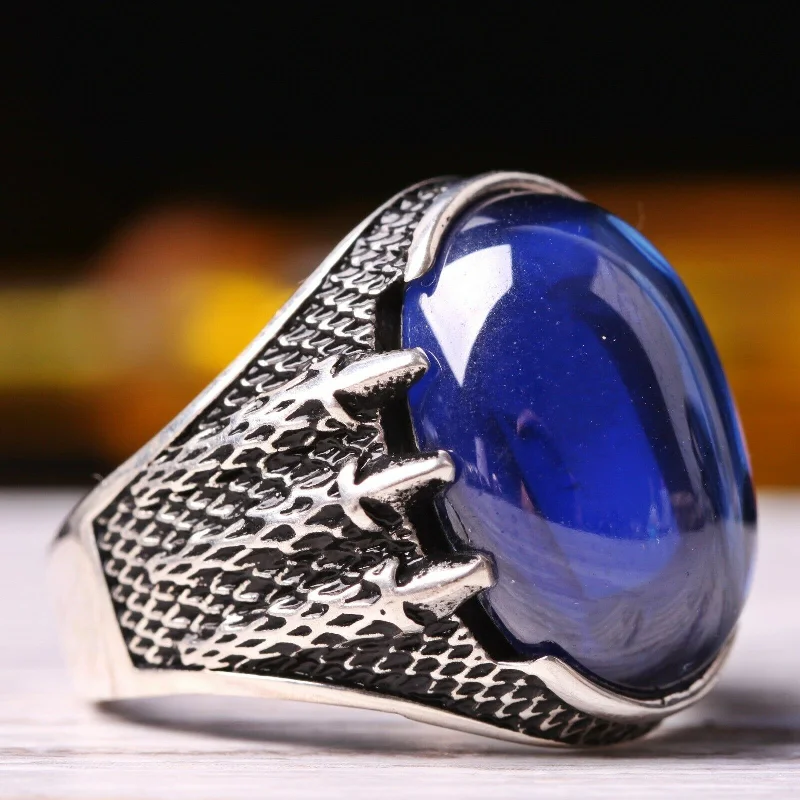 Turkish 925 Sterling Silver Eagle Claw Sapphire Stone Mens Ring