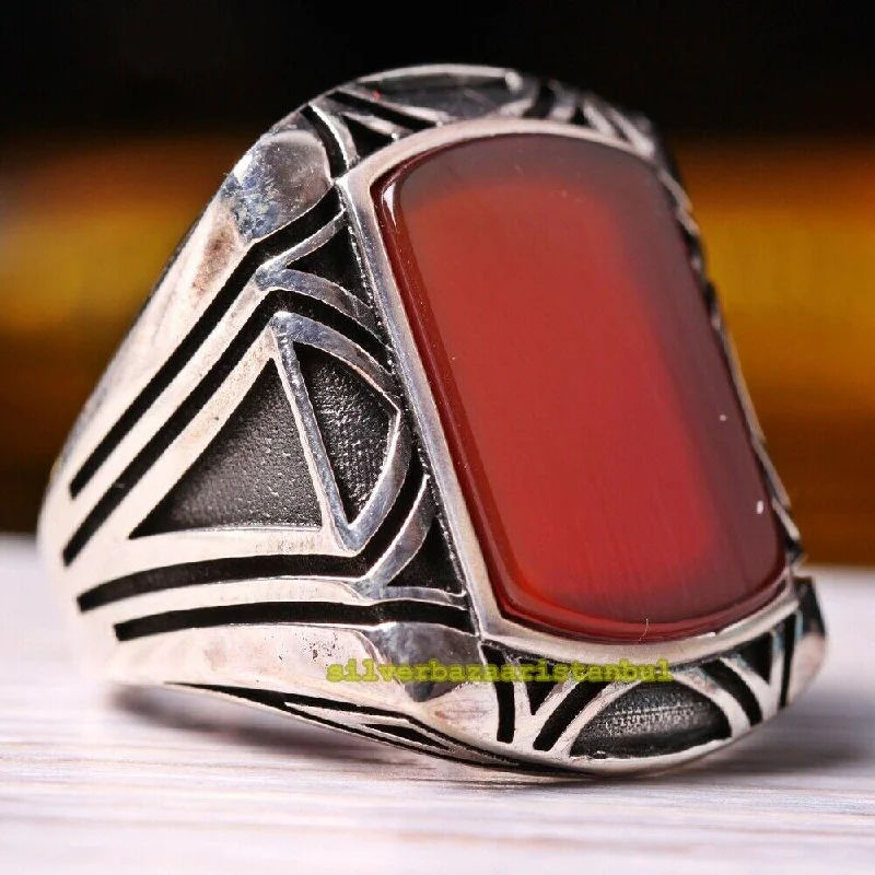 Turkish 925 Sterling Silver Elegant Agate Aqeeq Stone Mens Ring