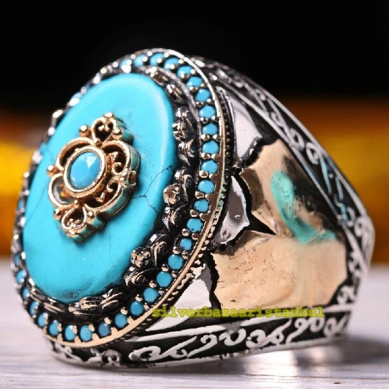 Turkish 925 Sterling Silver Elegant Turquoise Stone Mens Ring