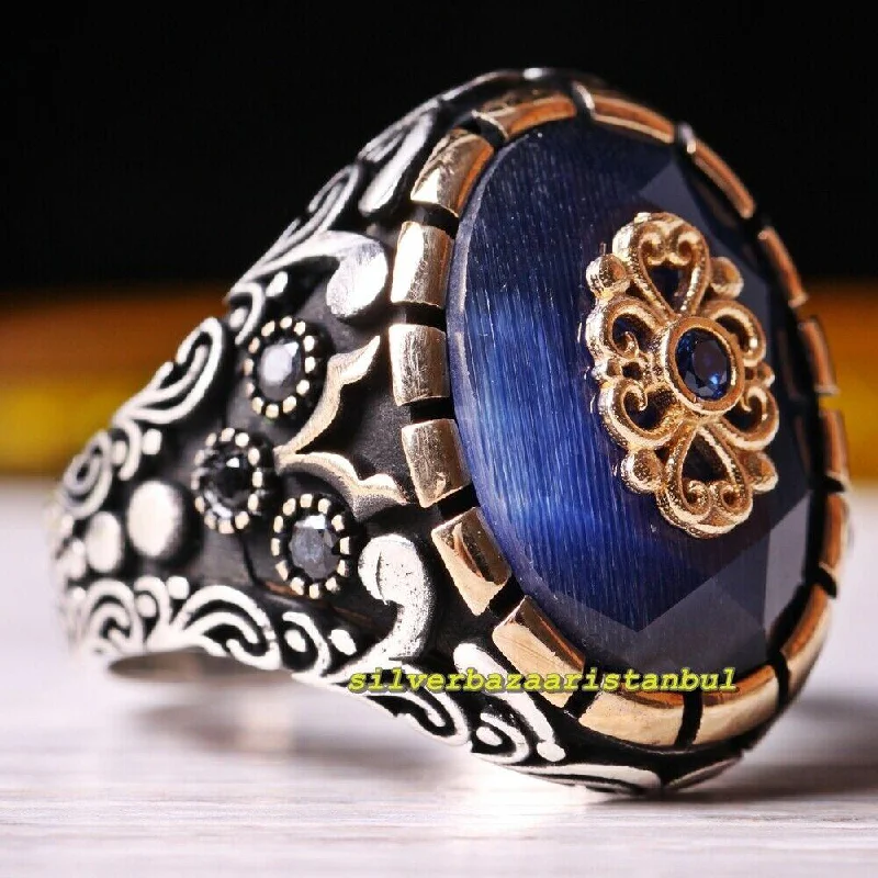 Turkish 925 Sterling Silver Heavy Blue Sapphire Stone Mens Ring