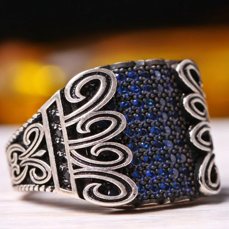 Turkish 925 Sterling Silver Luxury Multi Sapphire Stones Mens Ring