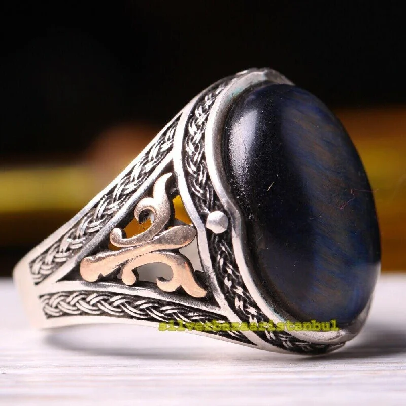 Turkish 925 Sterling Silver Natural Labradorite Stone Mens Ring