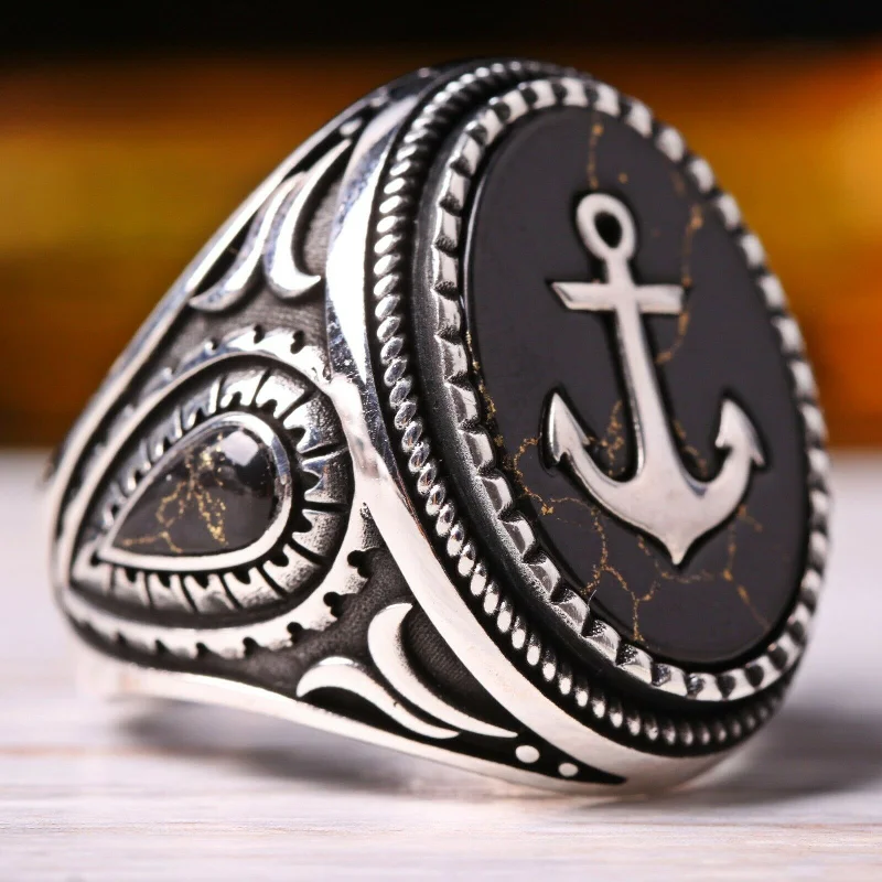 Turkish 925 Sterling Silver Sailor Seaman Anchor Onyx Stone Mens Ring