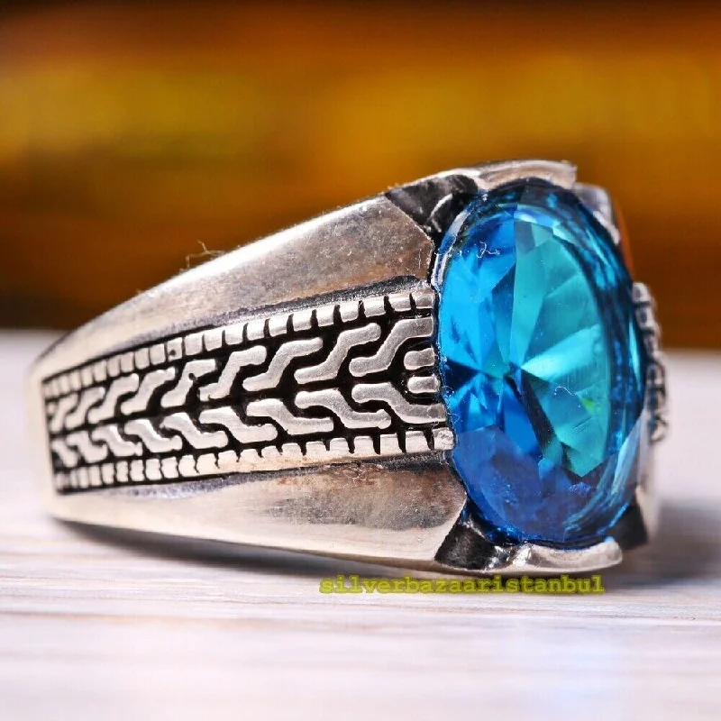 Turkish 925 Sterling Silver Sweet Aquamarine Stone Mens Ring