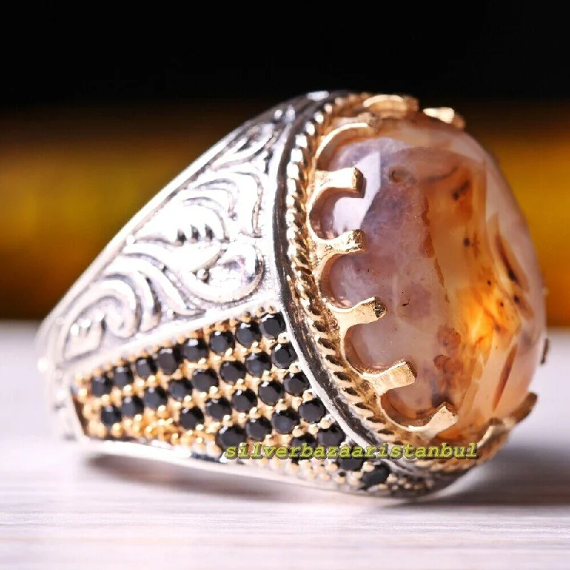 Turkish 925 Sterling Silver Yemeni Agate Aqeeq Original Mens Ring