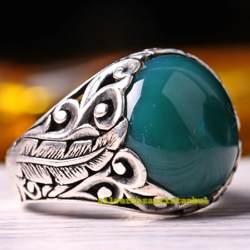 Turkish Handmade 925 Sterling Silver Authentic Emerald Mens Ring