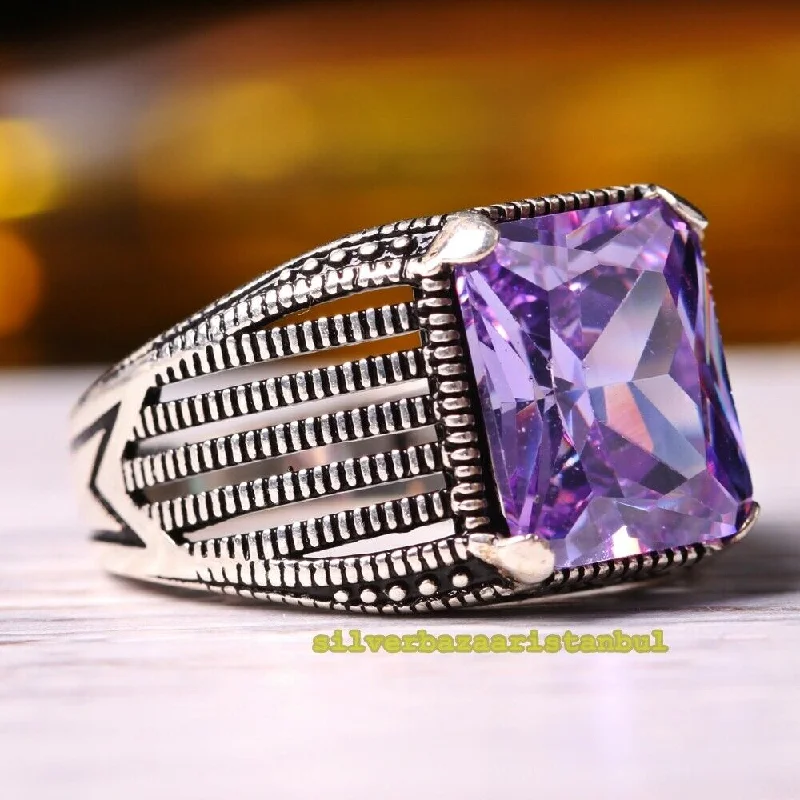 Turkish Handmade 925 Sterling Silver Bright Amethyst Stone Mens Ring