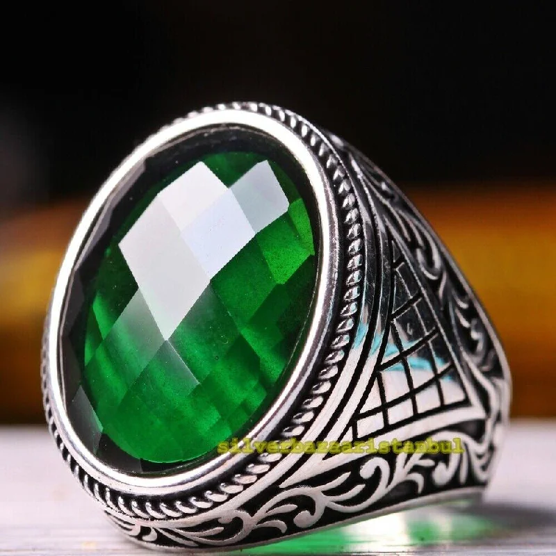 Turkish Handmade 925 Sterling Silver Faceted Emerald Mens Ring