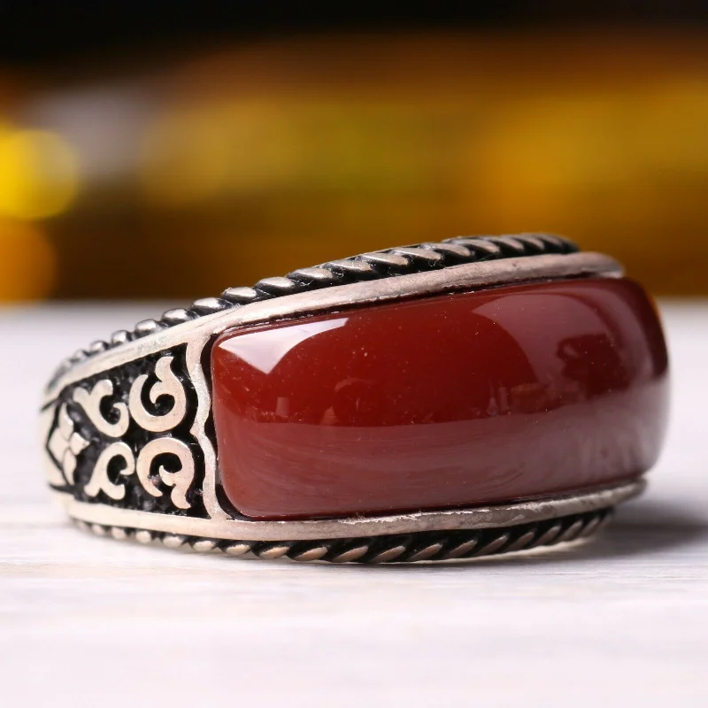 Turkish Handmade 925 Sterling Silver Fresh Agate Aqeeq Stone Mens Ring