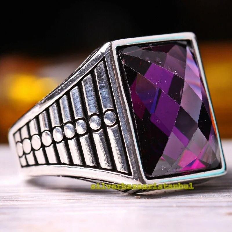 Turkish Handmade 925 Sterling Silver Heavy Amethyst Stone Mens Ring