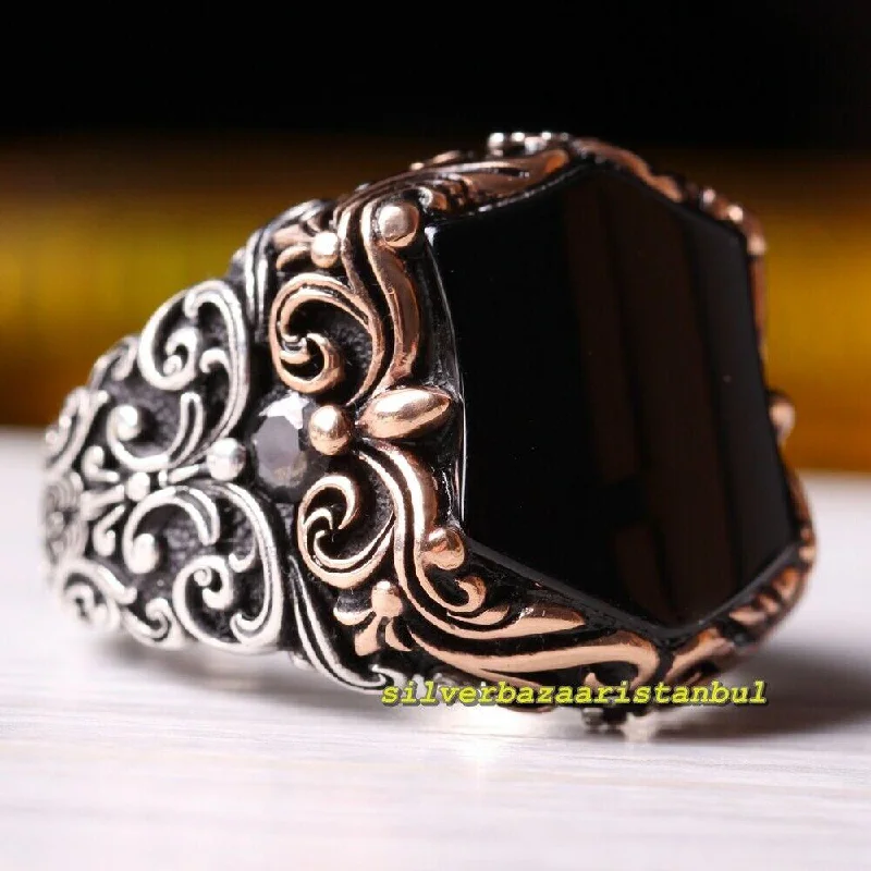 Turkish Handmade 925 Sterling Silver Heavy Onyx Stone Mens Ring