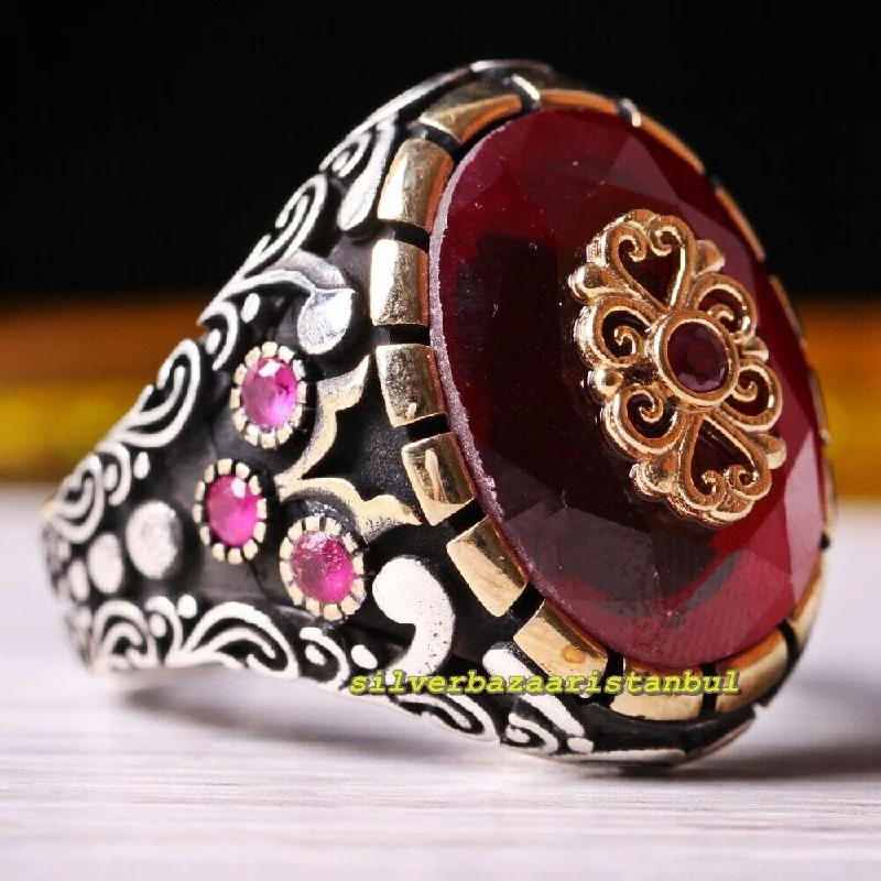 Turkish Handmade 925 Sterling Silver Heavy Ruby Red Stone Mens Ring