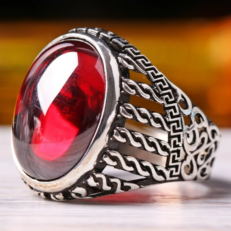 Turkish Handmade 925 Sterling Silver Oval Heavy Ruby Stone Mens Ring